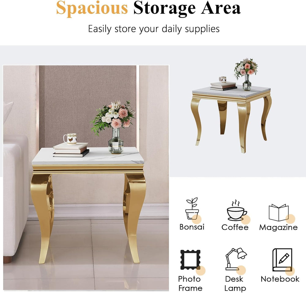 Luxury Marble Side Table, Square End Table with Faux Marble Tabletop & Go...