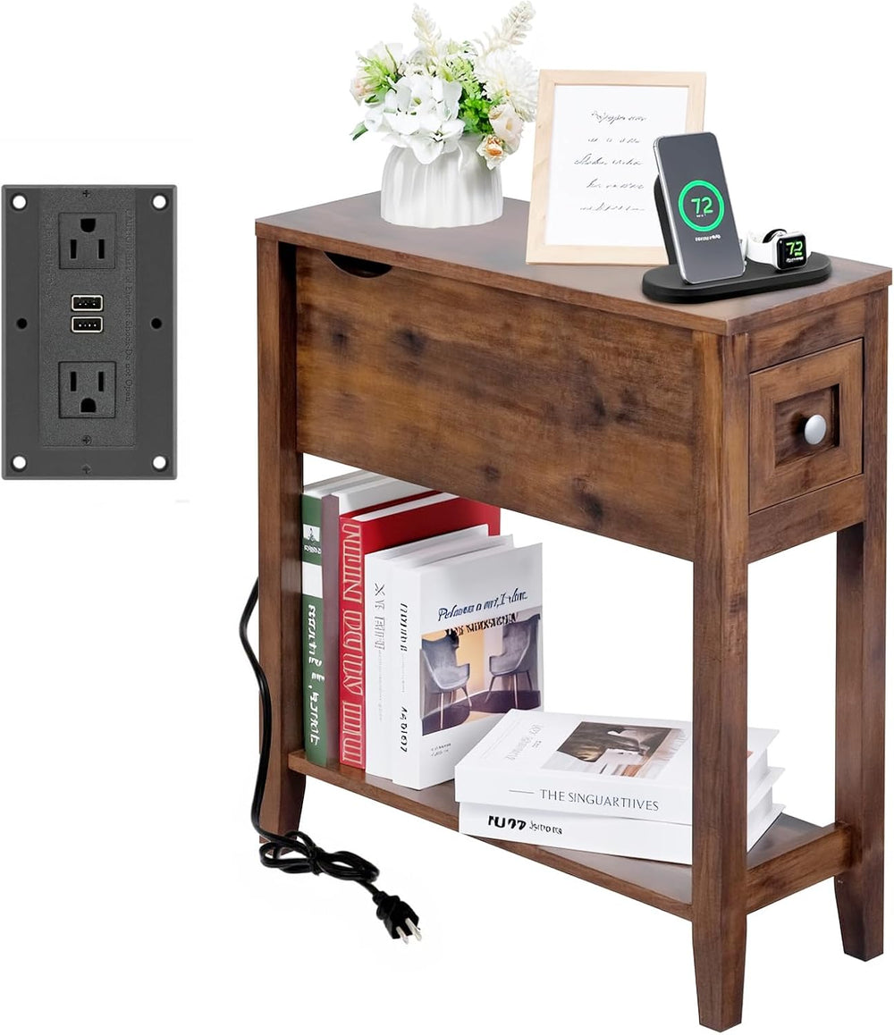 Chairside Table with Charger,Cherry End Table with Movable Top and Charging S...