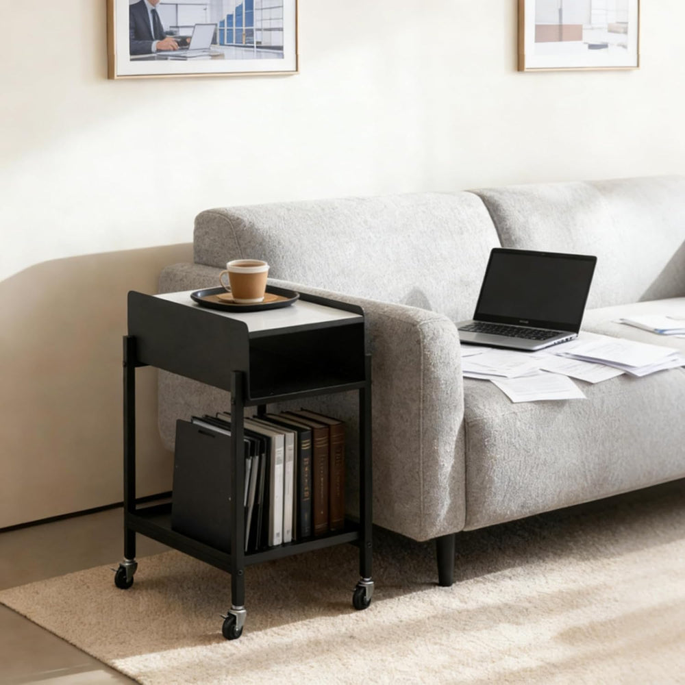 Rolling End Table with Wheels 3-Tier Narrow Side Table Black
