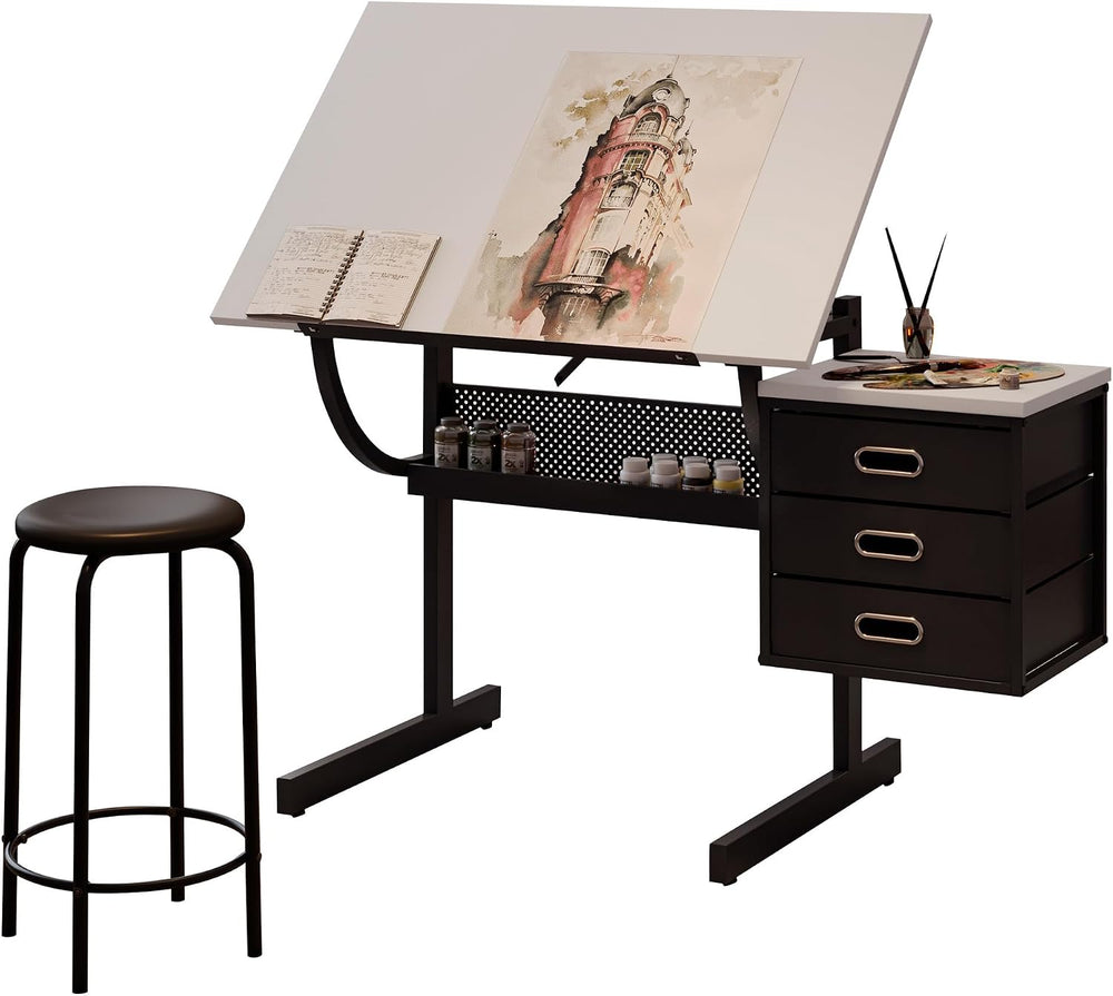 Drafting Table Adjustable Drawing Desk with Stool and 3 Drawers, 0-75° Tiltab...