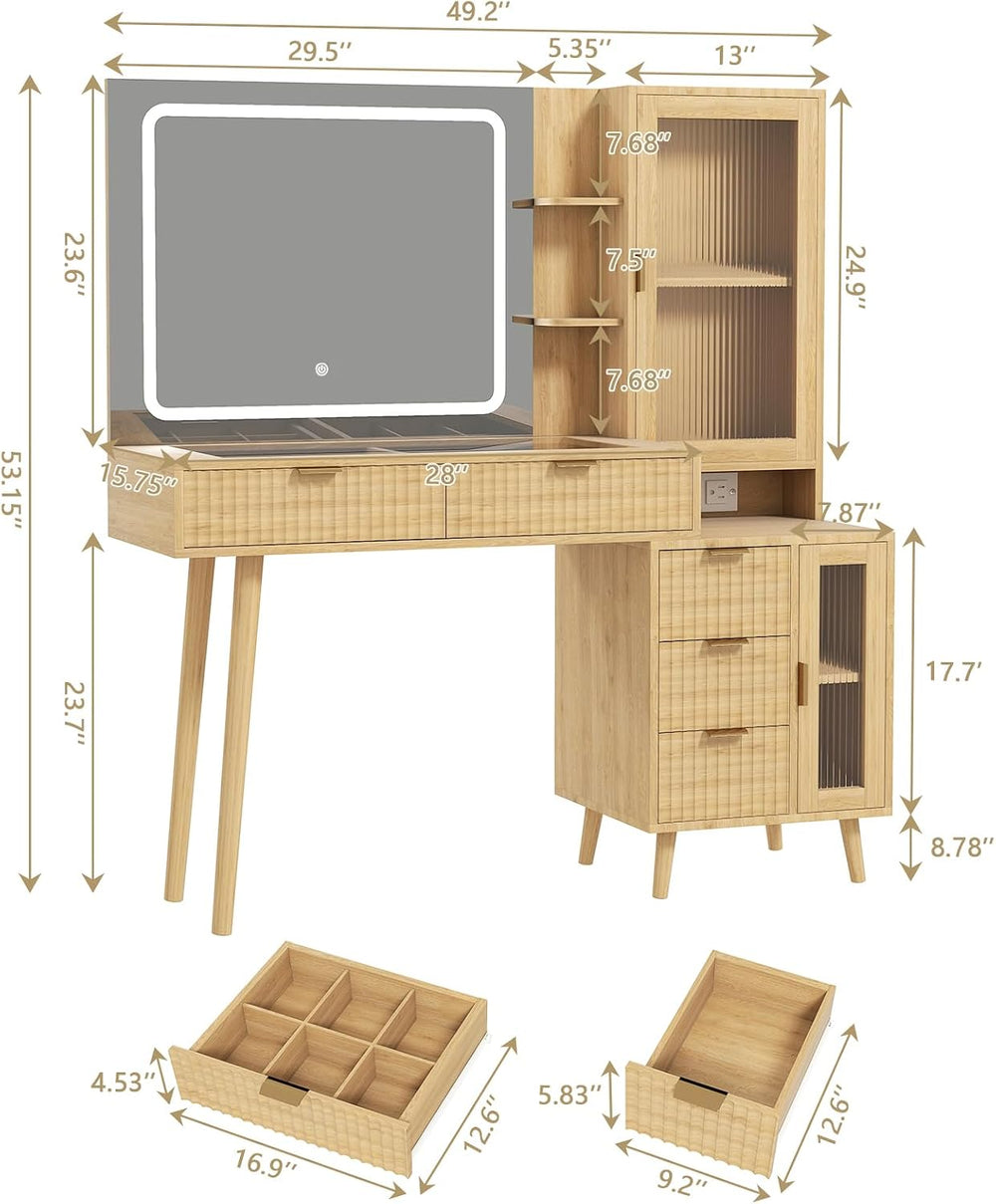 49" Wooden Vanity Desk with Mirror and Lights, Fluted Boho Makeup Vanity...