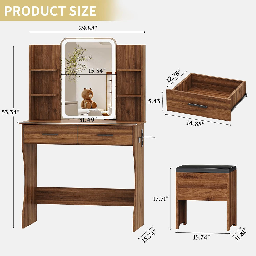 Vanity Desk with LED Lights Mirror & Power Outlet, Small Makeup Vanity Ta...