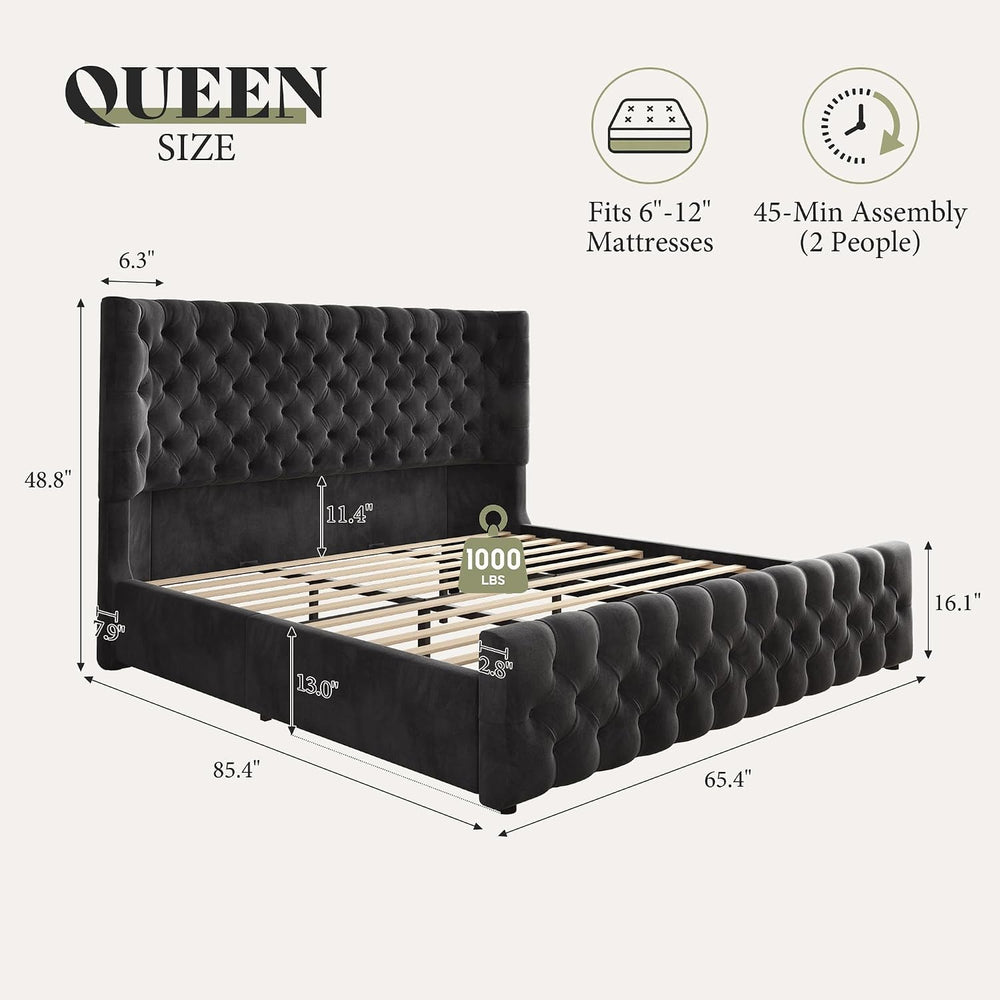 AMERLIFE Upholstered Queen Bed Frame with Wingback Headboard, Black Velvet