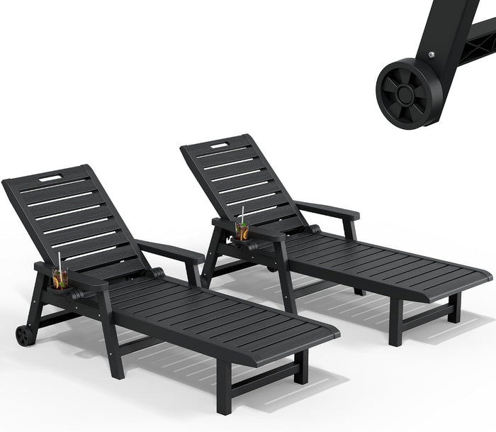 NUNU LAB Outdoor Chaise Lounge Chairs Set, Black with Wheels, 2pcs