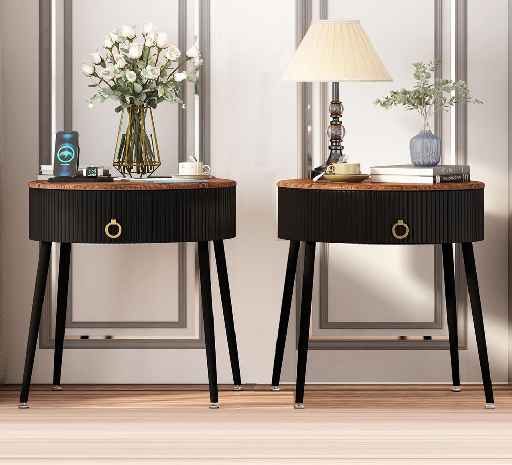 OIOG End Tables Set of 2, Wood Grain Bedside Tables with Drawer, Black