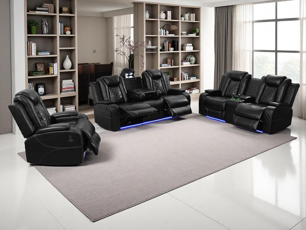 Power Recliner Sofa Sets, Living Room Furniture Sets, Black Modern Power Recl...