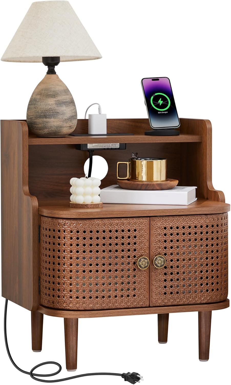 Metal Rattan End Table with Charging Station, Mid Century Modern Nightstand w...