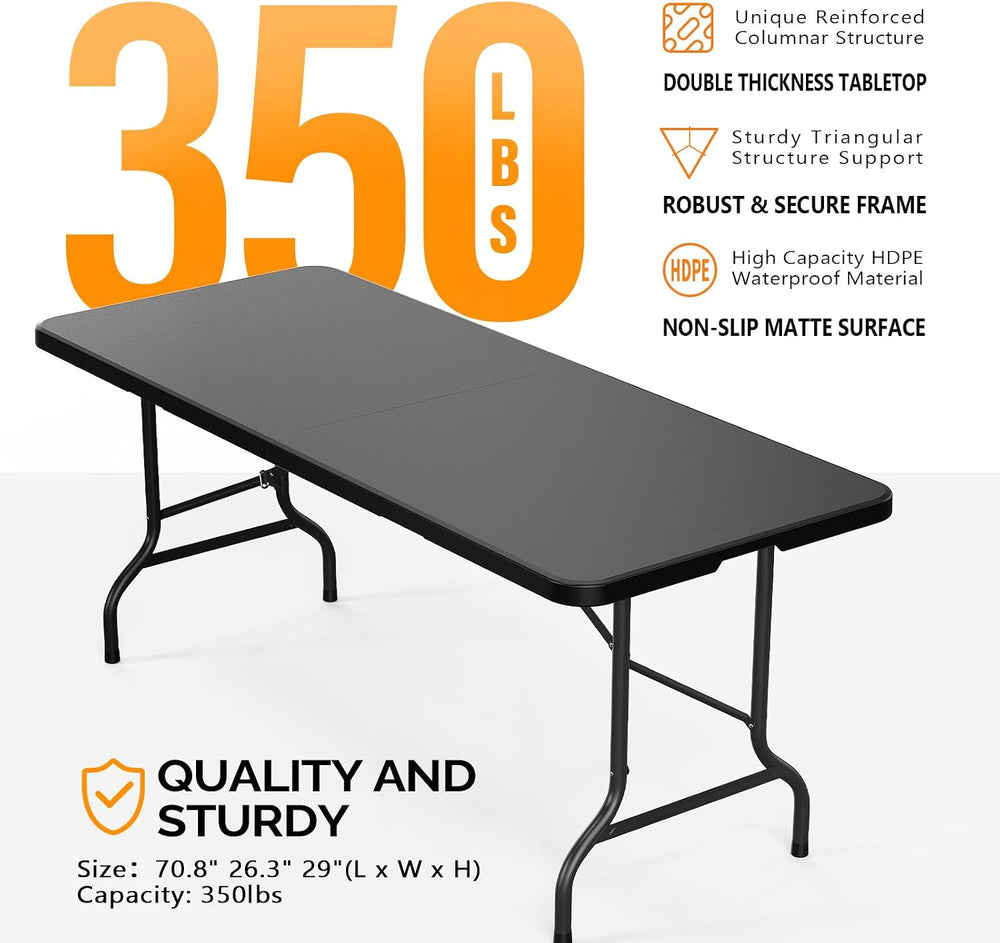 Bonnlo Folding Table 6ft, Portable Collapsible Plastic Black Long Tables for ...