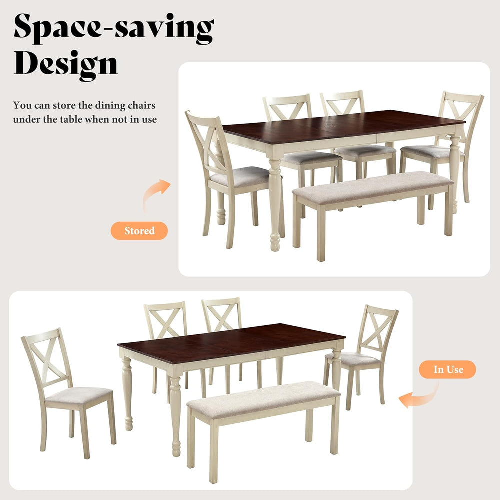 AMERLIFE 6-Piece Farmhouse Dining Table Set for 6-7, 71" Solid Wood Kitc...