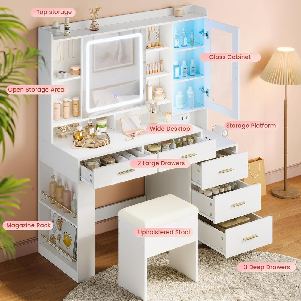 DICTAC Makeup Vanity Desk with Sliding LED Lighted Mirror, 47.2"W Large ...