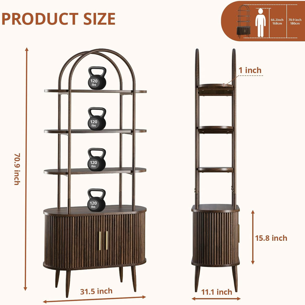 Airynee 71" Tall Arched Bookshelf with Sliding Doors, Mid Century Modern...