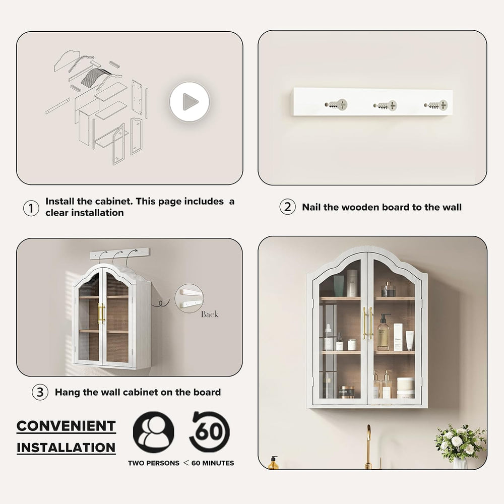 FIMELLO 23.6’’W Wave Design Arched Wall Cabinet, Bathroom Cabinet with Glass ...