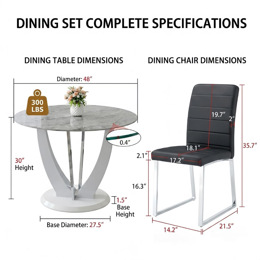 Modern 5 Piece Round Dining Table Set for 4, 47.2" Gray Faux Marble Kitc...