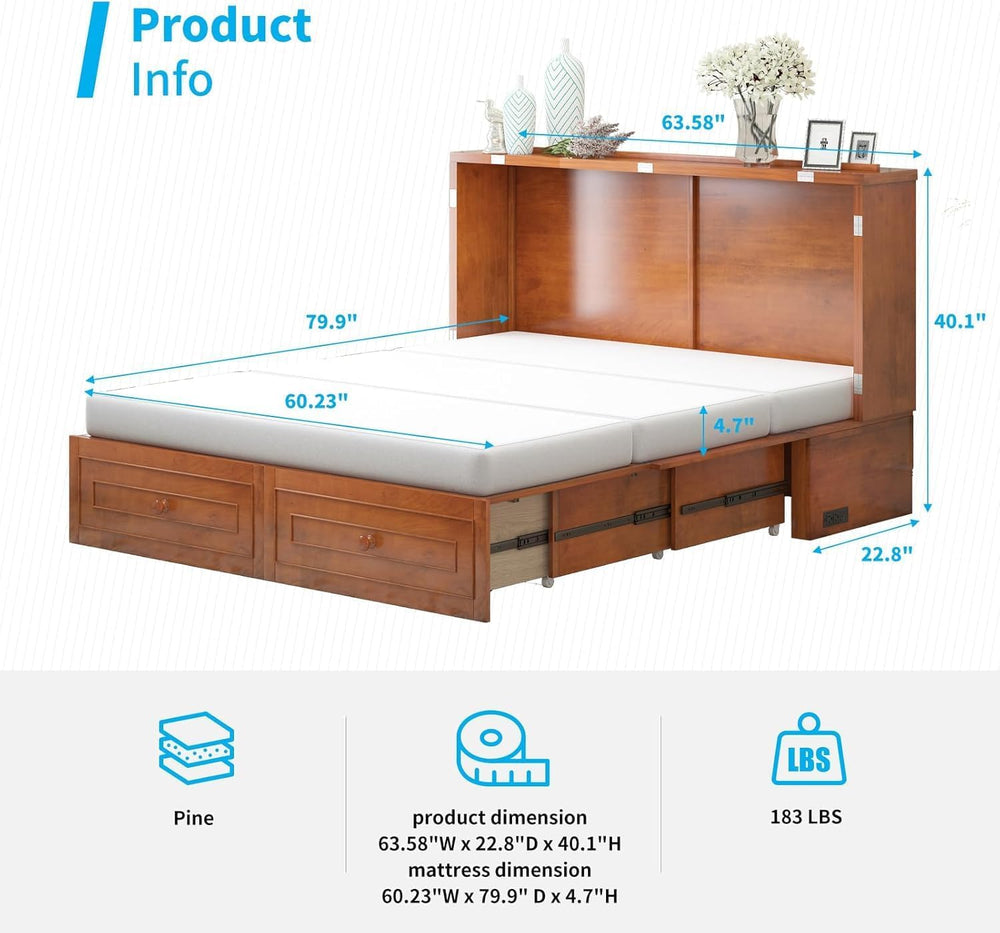 Mjkone Murphy Bed Cabinet Queen with Tri-fold Mattress, Murphy Chest Bed with...