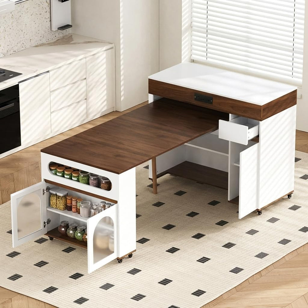 Kitchen Island with Extendable Dining Table, Rolling Storage Cabinet with She...