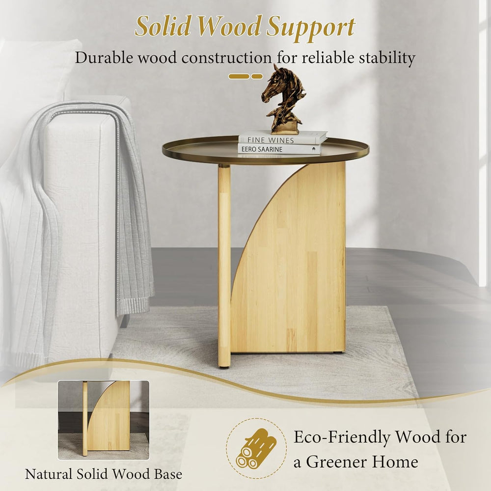 AUZ Round End Table with Brushed Gold Top, Small Wood Side Table for Living R...