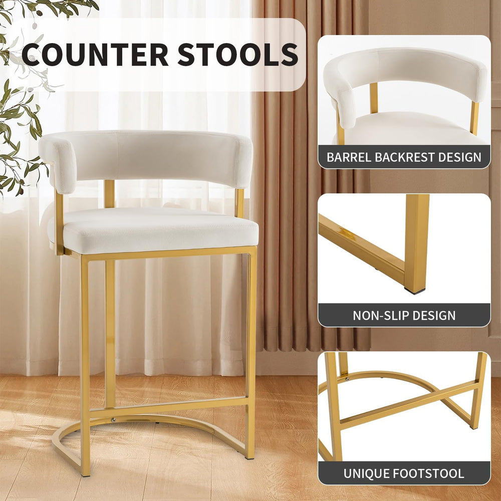 Modern Barrel Bar Stools Set of 2, 24" Velvet Counter Height Stools with...
