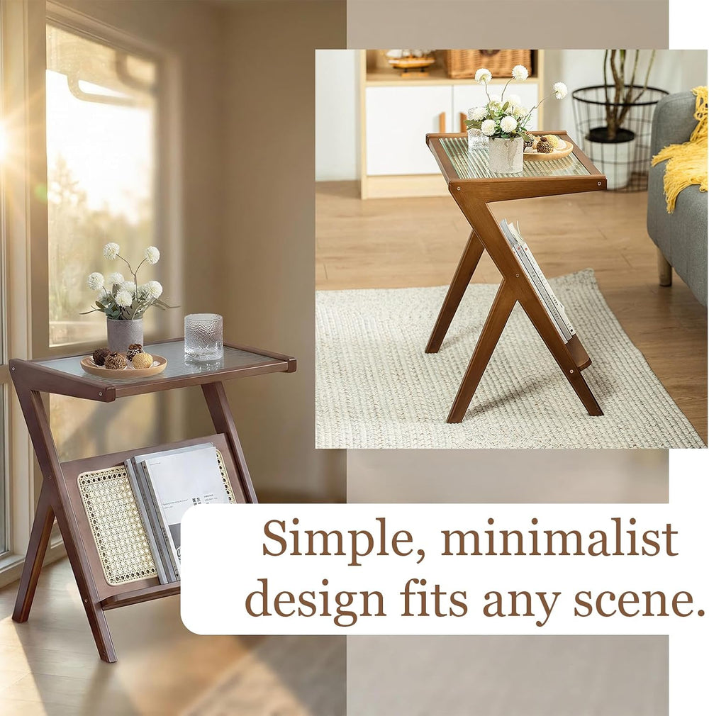 Boho Rattan Side Table, Wooden Accent Table with Magazine Storage Shelf, Mid ...