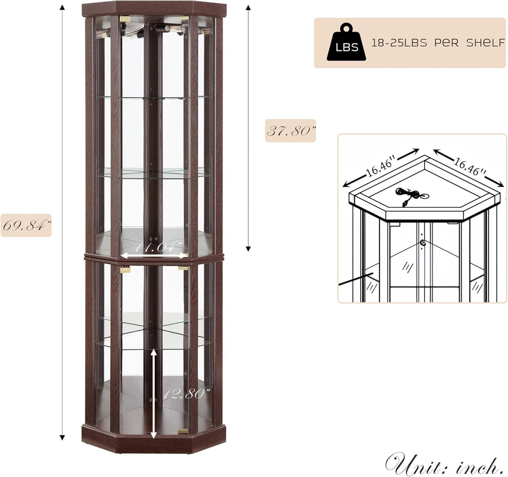 70" H Lighted Corner Curio Cabinet, Glass Display Cage with Tempered Gla...