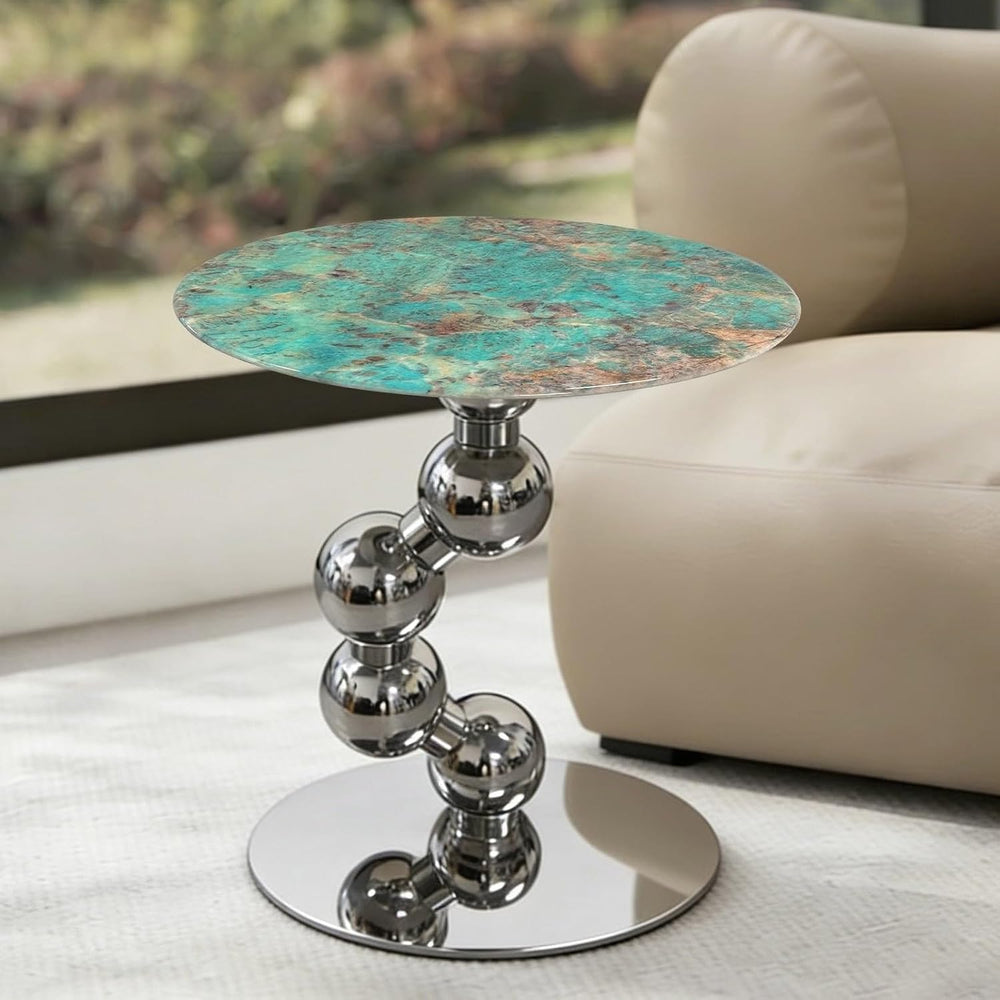 Small Round End Table, Marble Top Metal Side Table, Slim Accent Desk for Smal...
