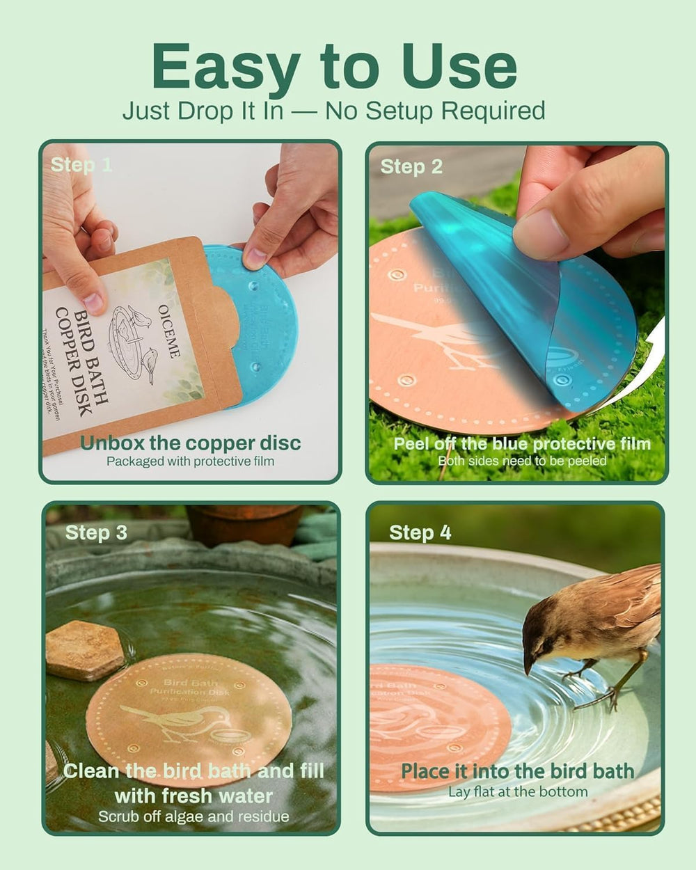 OICEME Bird Bath Purification Disk Pure Copper Backyard Outside Solar Power W...
