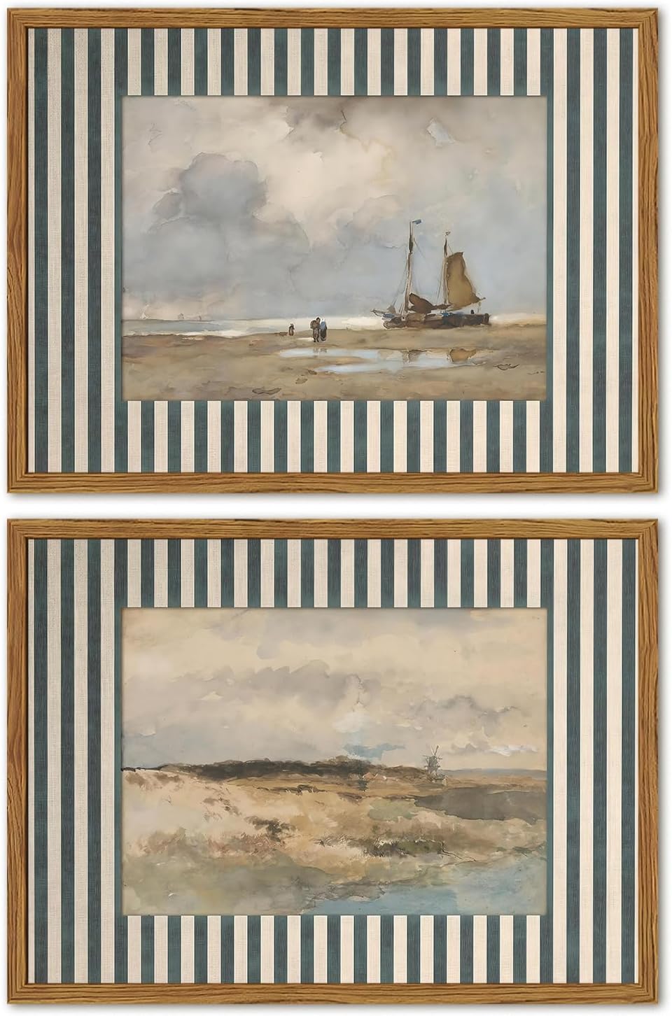 Framed Vintage Coastal Landscape Wall Art Set of 2, Retro Blue and White Stri...