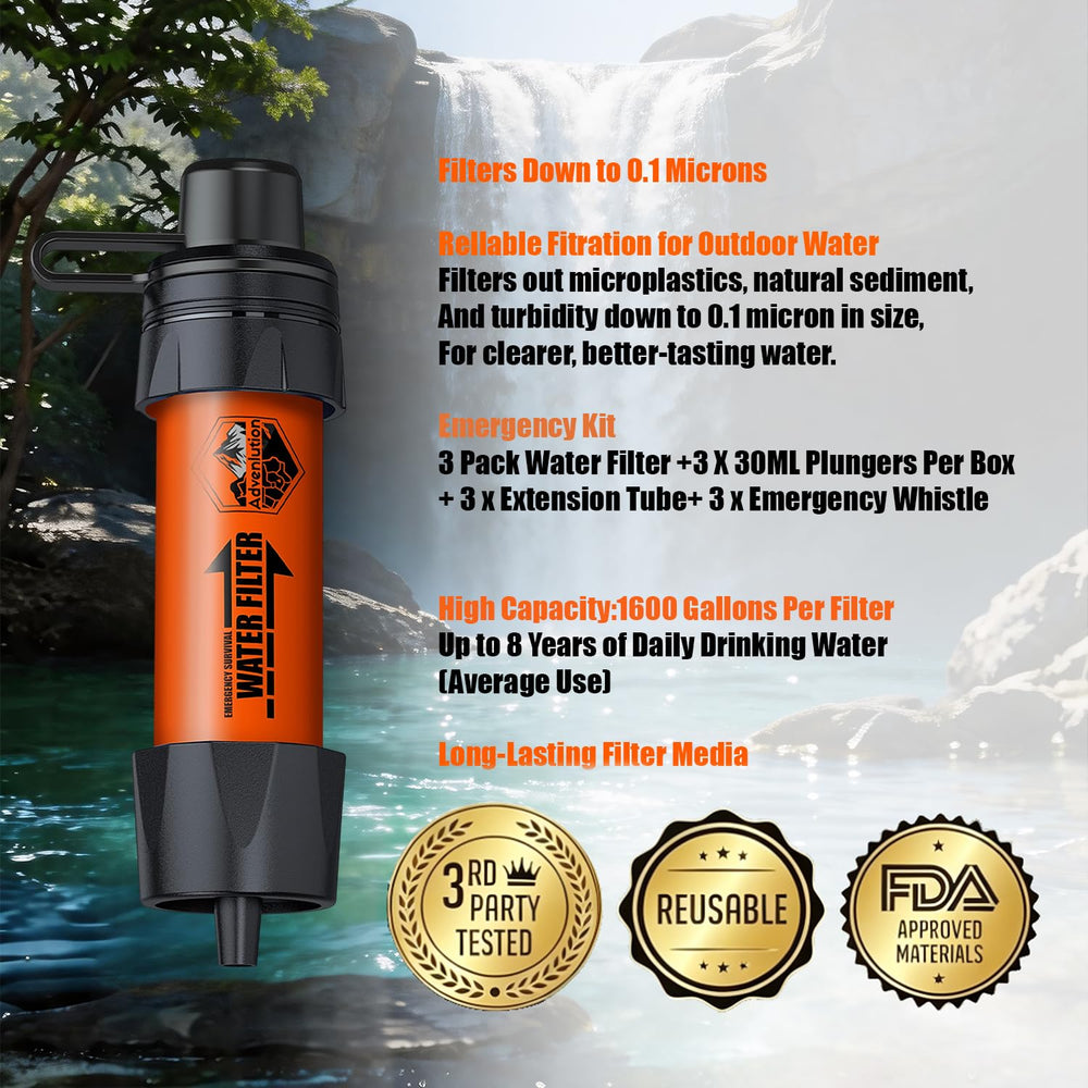 3-Pack Water Filter Straw with Survival Whistle Kit