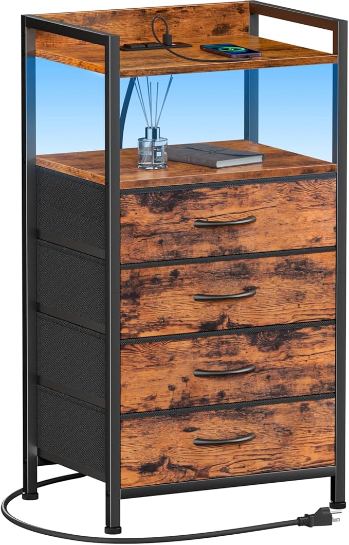 Furnulem Night Stand with Charging Station and Led Light, 4 Drawer Dresser fo...