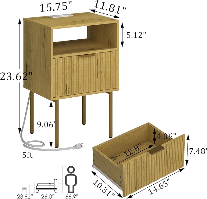 Nightstand with Charging Station, Bedside Table with Storage Drawer, Fluted S...