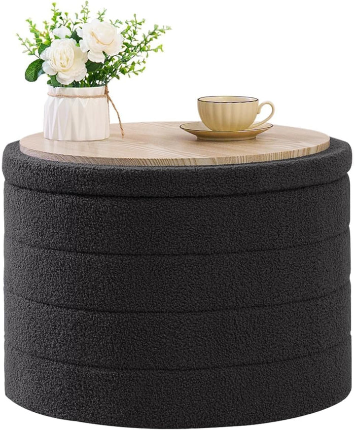 B FSOBEIIALEO Folding Storage Ottoman, Round Sherpa Ottomans, Dark Grey