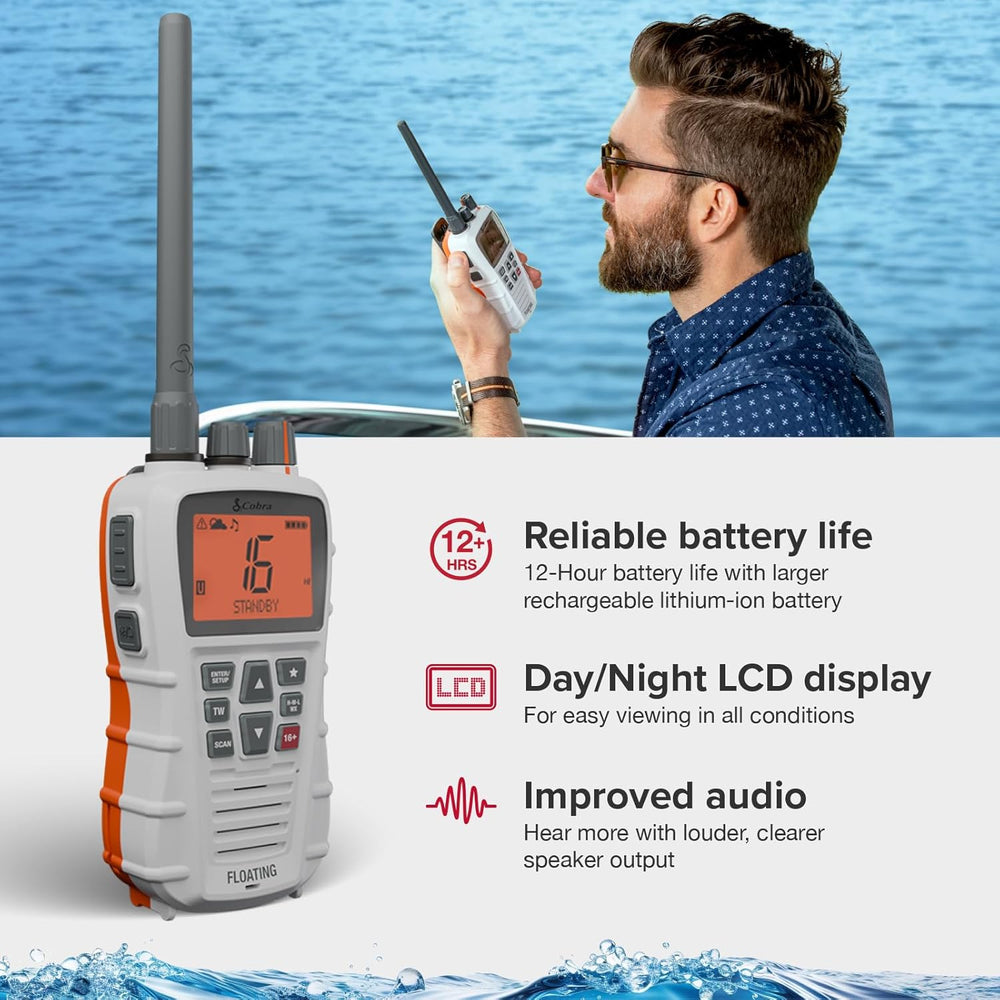 Cobra BlueBound 350 VHF Handheld Marine Radio - White, 6-Watt, Floats