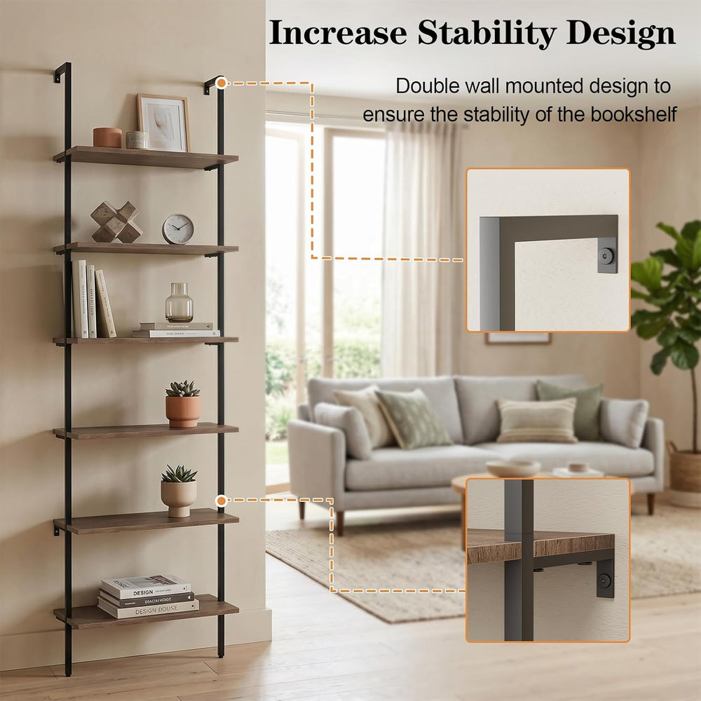 Wolawu Ladder Shelf Black 6 Tiers Modern Bookshelf Room Organizer Open Tall W...