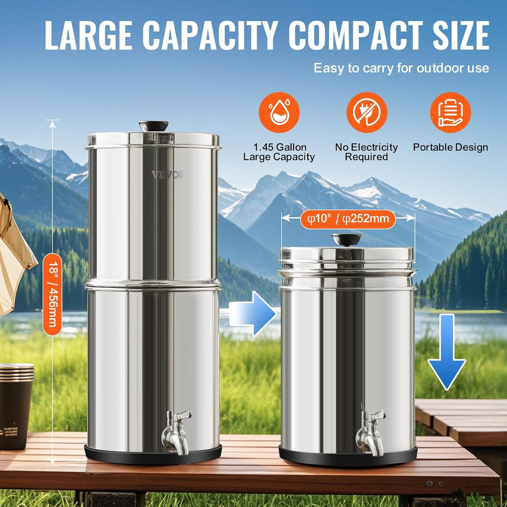VEVOR Gravity-fed Water Filter System, 1.5G 304 Stainless-Steel Countertop Sy...