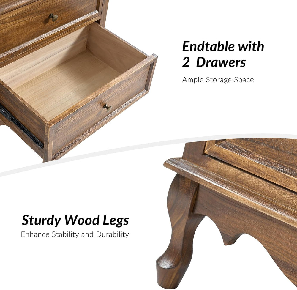 End Table with Charging Station, Wood Side Table with 2 Drawers Organizer, Fa...