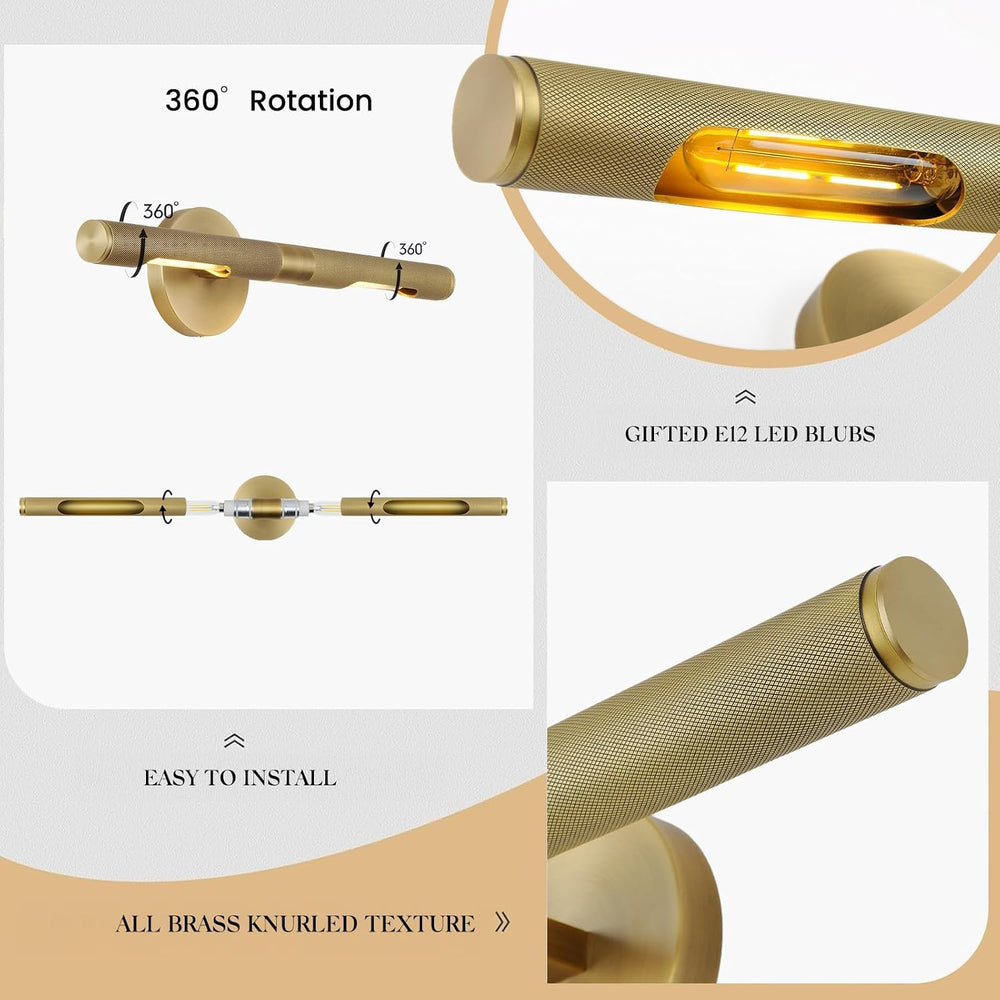 Hard-wired Knurled Picture Light, 19in Brass Picture Light for Wall, Dimmable...