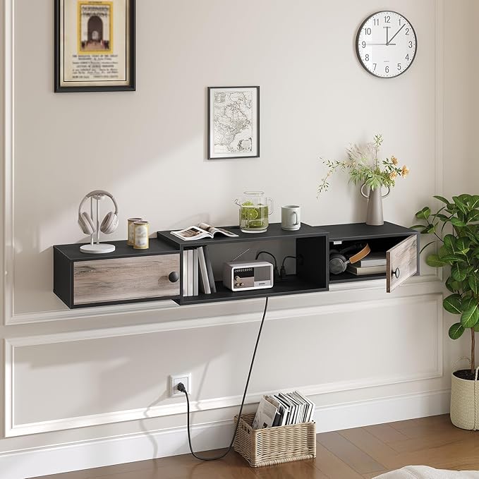 HOOBRO 55" Floating TV Stand with Power Outlets, Modern Wall Mounted Med...