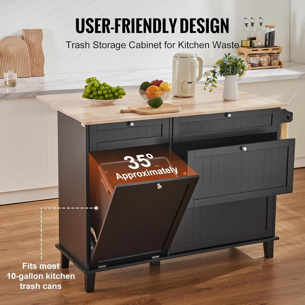 VEVOR Kitchen Island Cart, 50" Wood Top Breakfast Bar with Trash Cabinet...