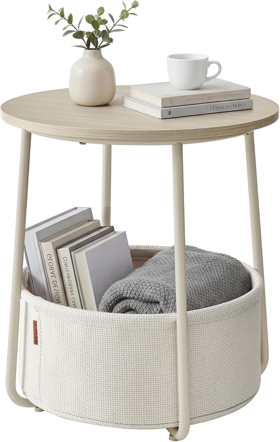 SONGMICS HOME Small Side Table, Round End Table, 2 Tier Nightstand with Baske...
