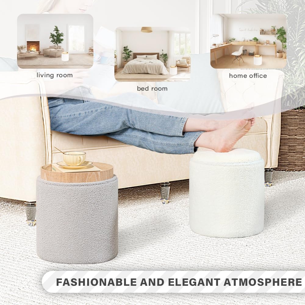 PINPLUS Round Storage Ottoman with Tray, Off-White Boucle Footstool