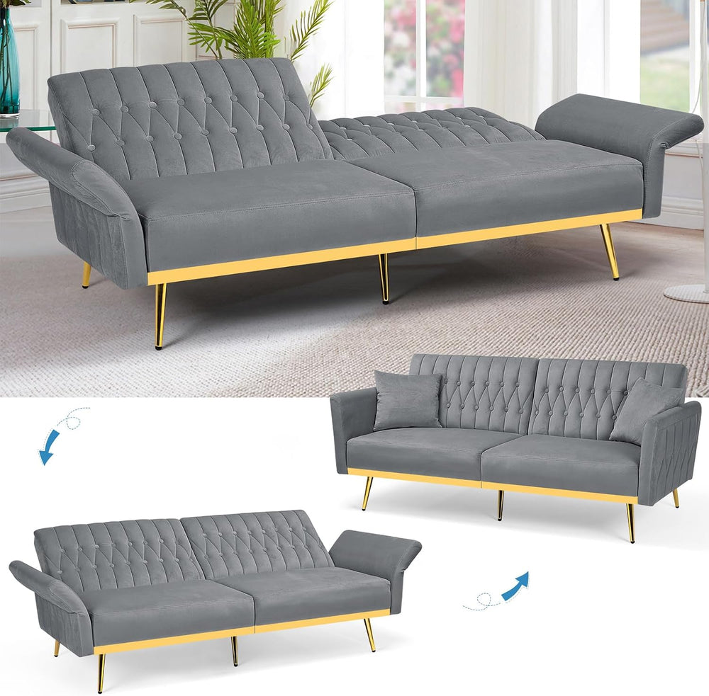 2 Pieces Velvet Sofa Set with Adjustable Armrest and Backrests, Grey