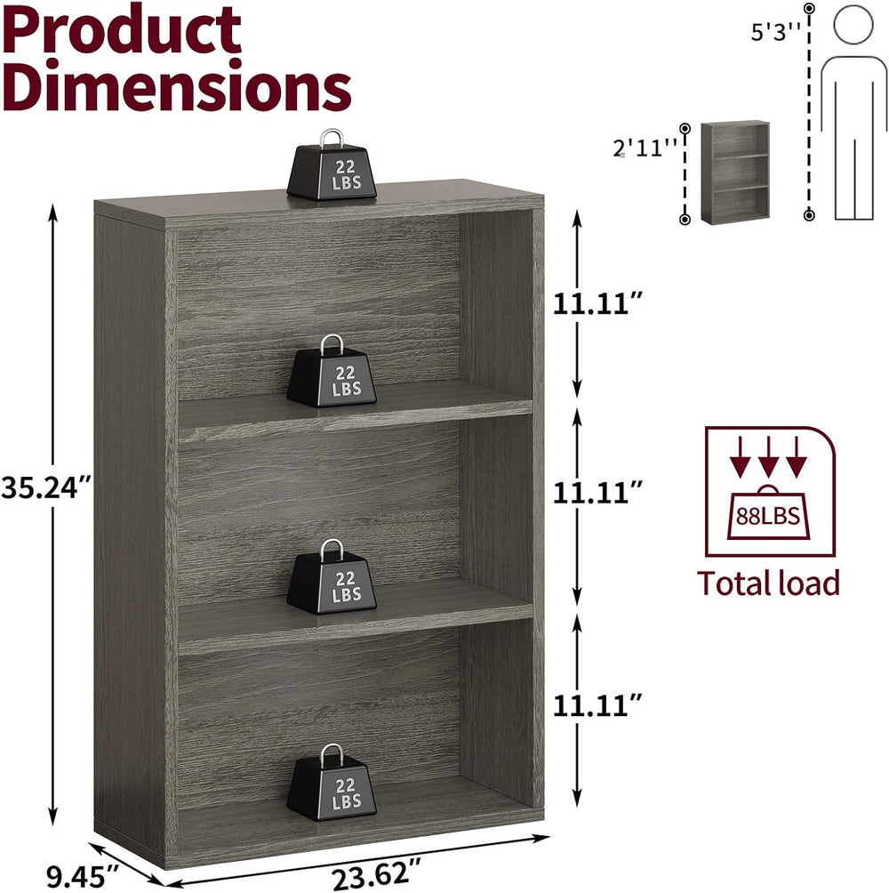 ALISENED 3-Tier Bookshelf, 23.6 × 9.4 × 35.2in, Small Bookshelf