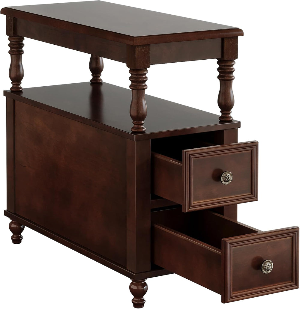 Tribesigns Wood End Table with 2 Drawers, Mid-Century Wooden Slim Side Table ...