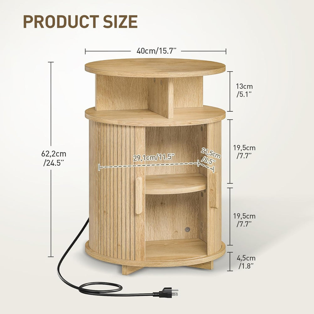 RALGEND Round Fluted End Tables, Round End Table with Charging Station, Flute...