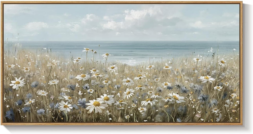 Large Framed Coastal Wildflower Landscape Wall Art for Living Room, 60x30