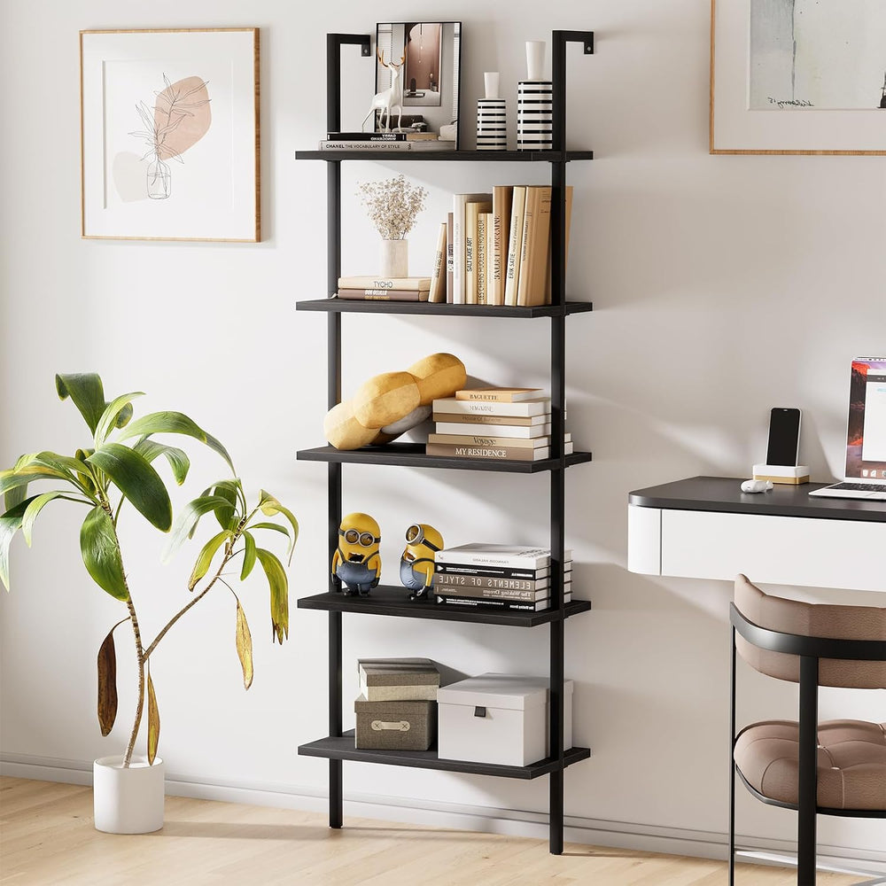 aboxoo Ladder Shelf Open 5-Tier Bookshelf Wall-Mounted Black Wood Bookcase St...