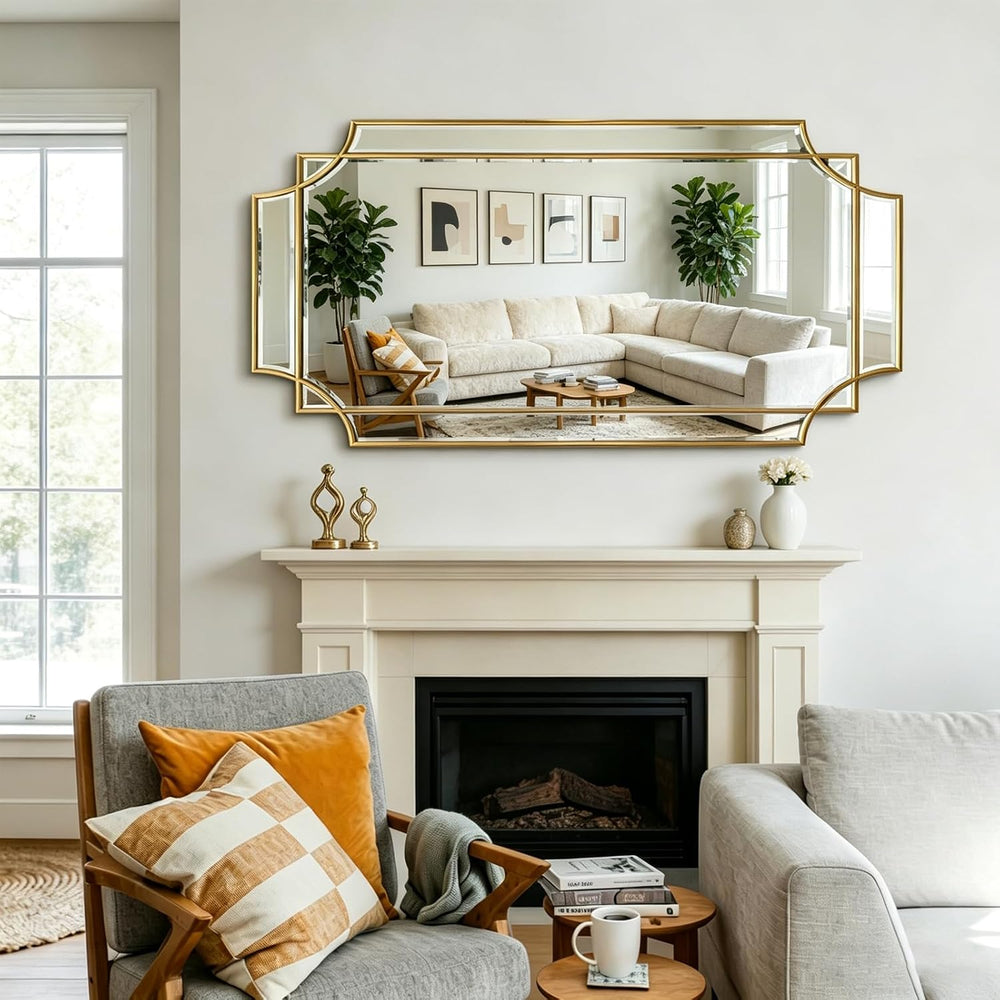47"x24" Large Gold Rectangle Beveled Mirror with Geometric Frame