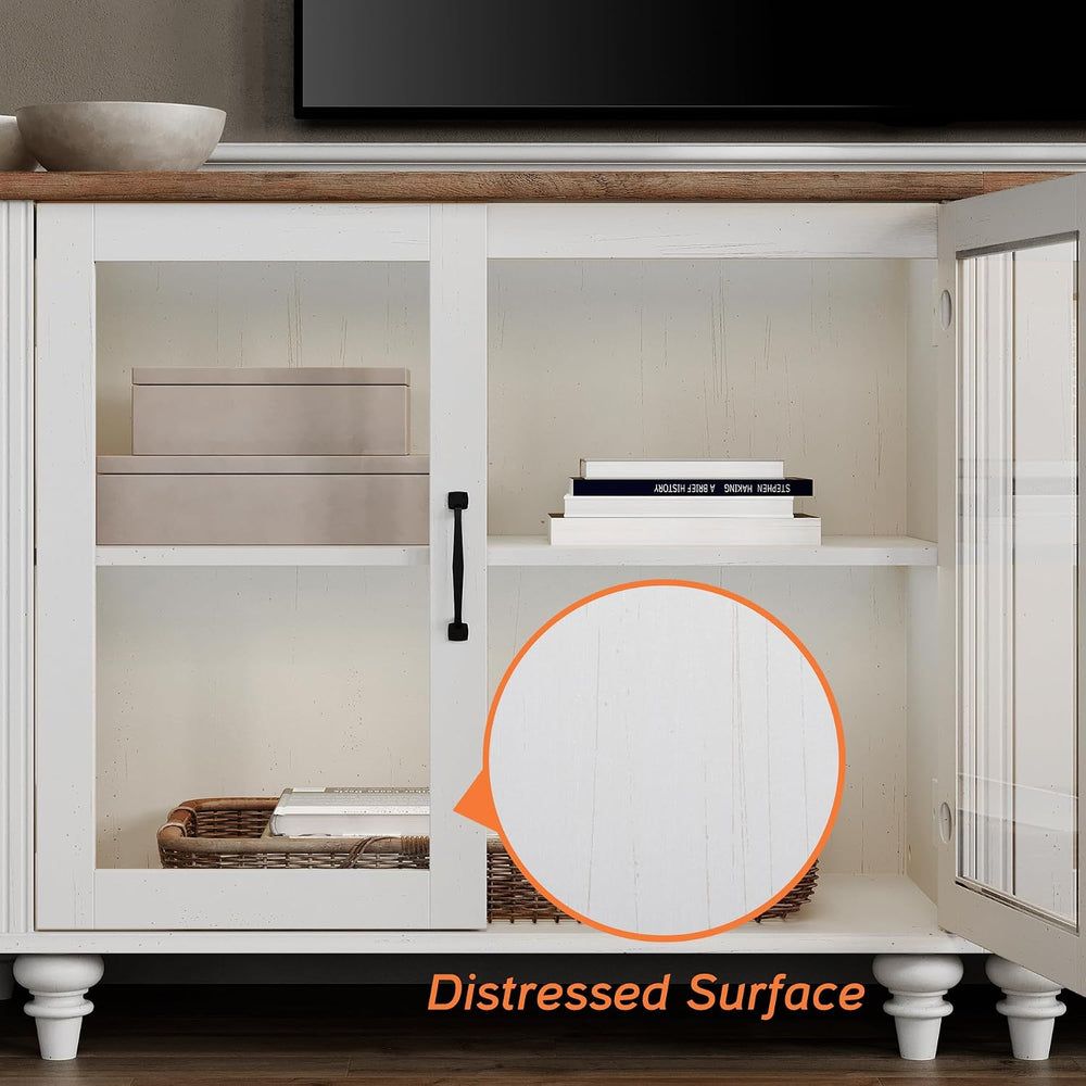 WAMPAT Farmhouse TV Stand for 75 inch TV with 4 Glass Doors, Wood TV Stand wi...