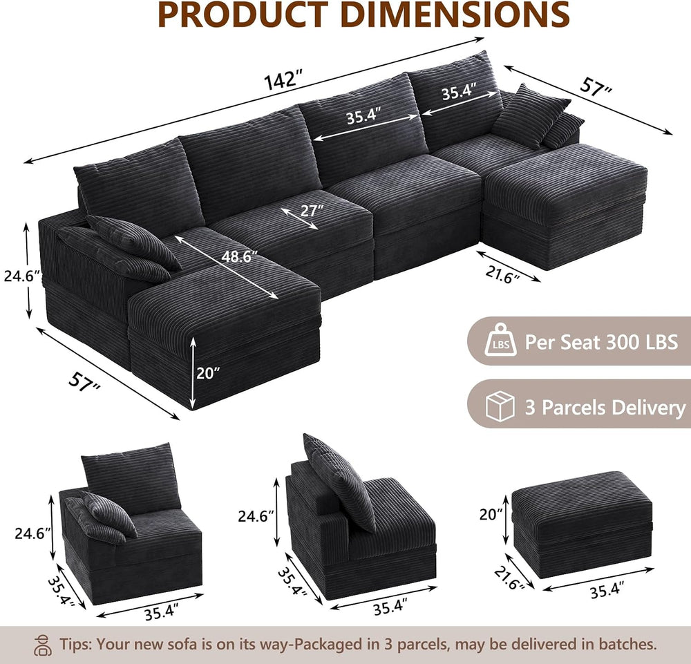 142" Modular Sectional Sofa Couch with Storage,U-Shape 4 Seat Comfy Mode...