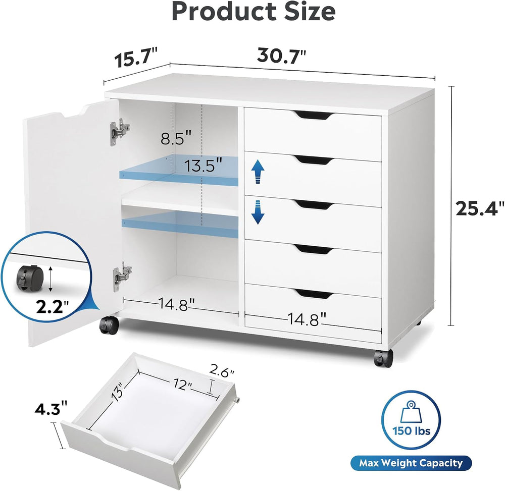 DEVAISE 5-Drawer Wood Drawer Cabinet, Office Storage Cabinet, White | Craft S...