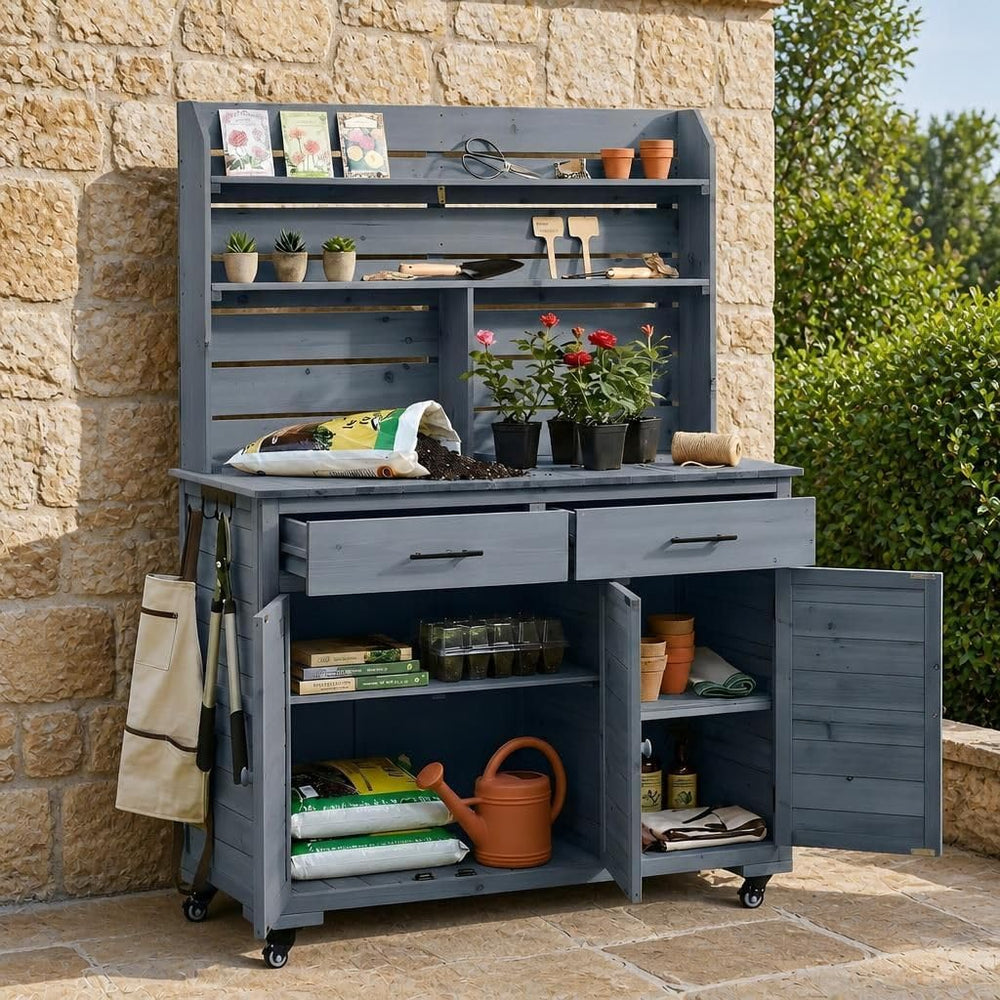 Large Outdoor Garden Potting Bench with Lockable Wheels Storage Cabinet Outdo...